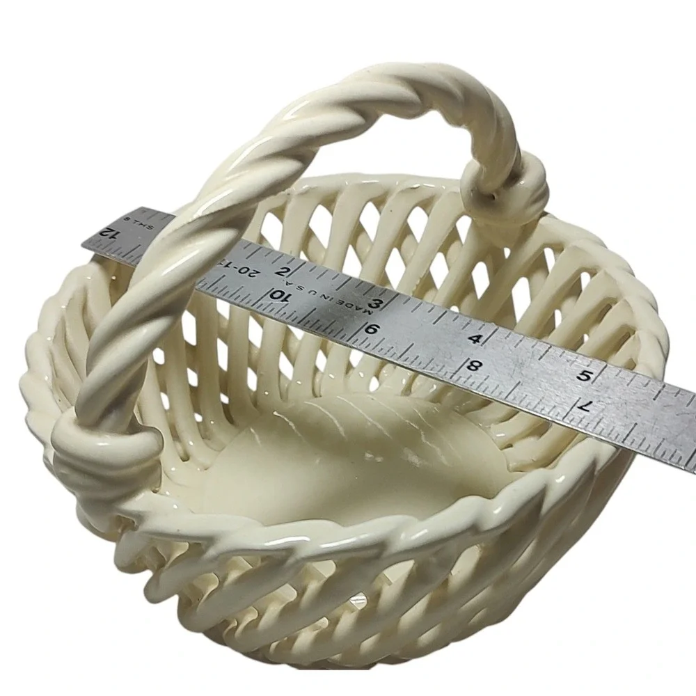Vintage Woven Glass Basket Weave Twisted Handle Cream Springtime Five Inches SEE